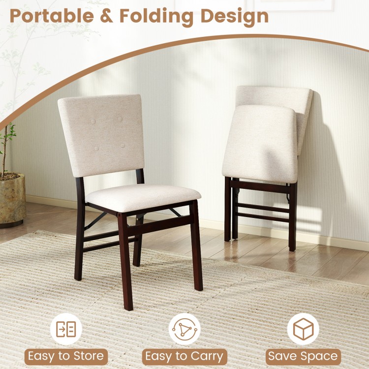 Foldable beige dining chair with padded seat and tilt backrest, ideal for easy storage and portability in any interior.