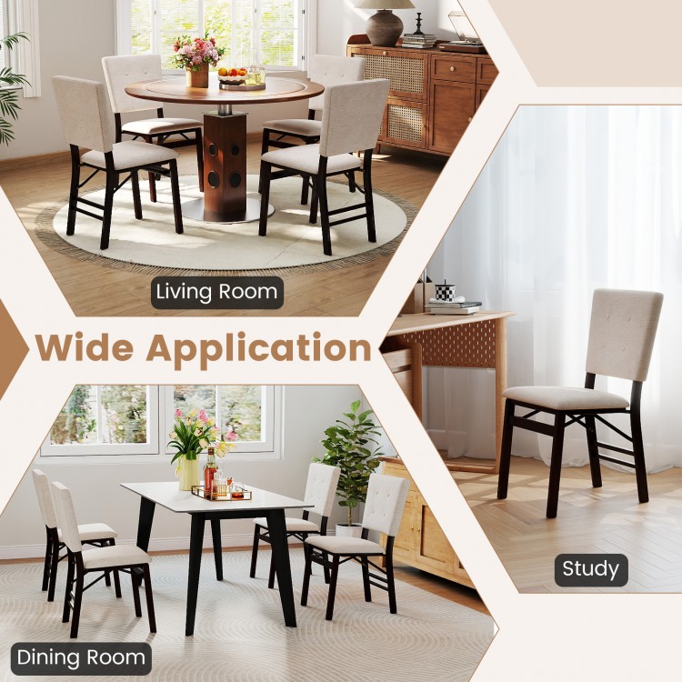 Single foldable dining chair in beige with padded seat and tilt backrest, great for versatile interior settings.