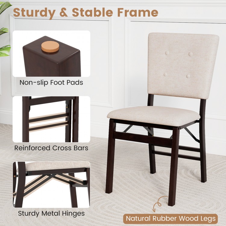 Foldable armless dining chair with beige padded seat, natural rubber wood legs, and non-slip foot pads for stability.