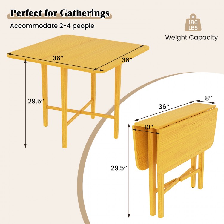 Foldable dining table with rubber wood legs, featuring drop leaf design for 2-4 people, ideal for small spaces.