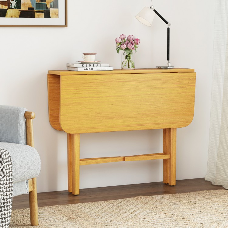 Foldable dining table with natural finish, rubber wood legs, and drop leaf design for small spaces, ideal as a console.