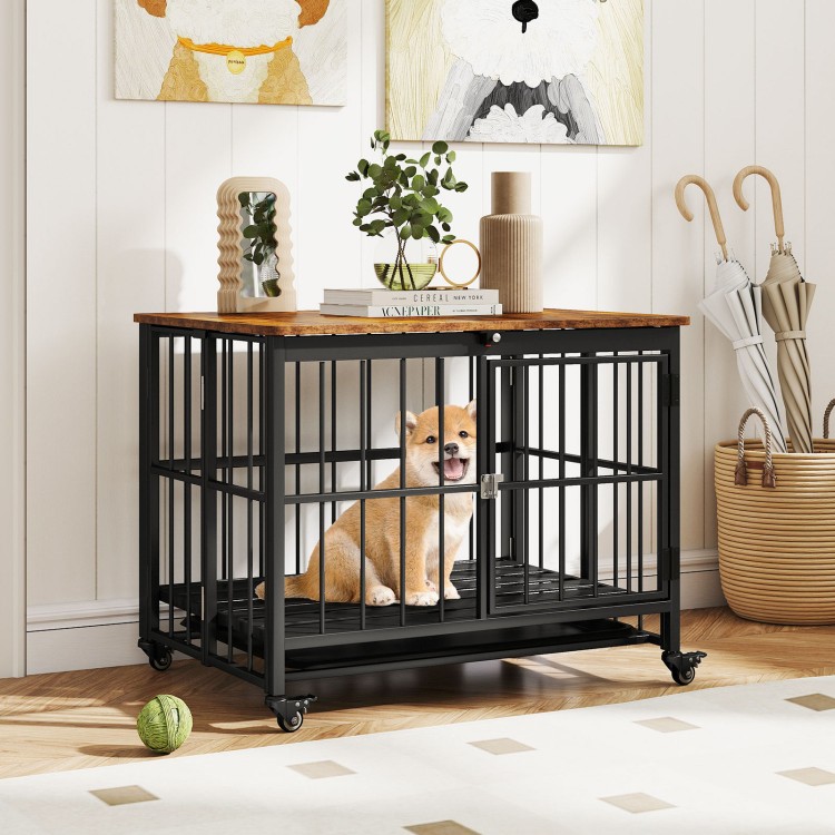 Foldable dog crate furniture with removable tray, lockable door, and wood-like top, perfect for pet and home use.