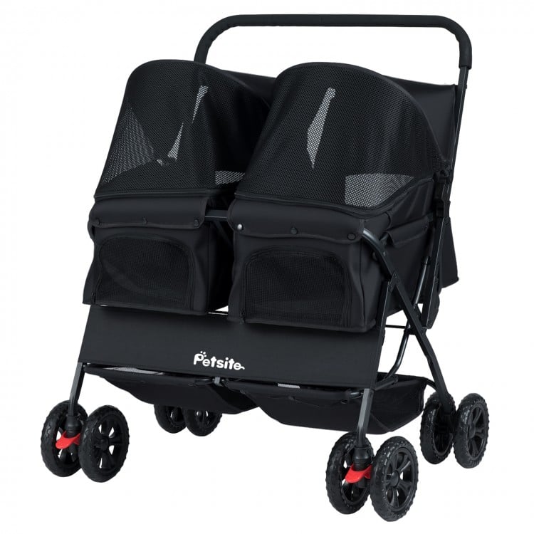 Foldable double pet stroller in black with adjustable sunshade, safety leash, and storage baskets for multiple pets.