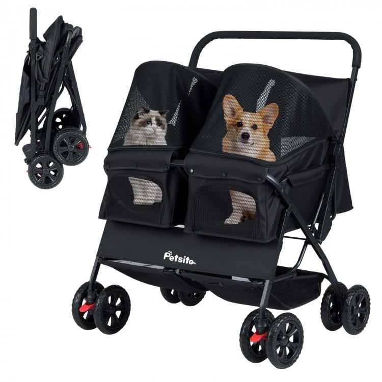 Foldable double pet stroller in black with adjustable sunshade, featuring two seats for pets and a storage basket.