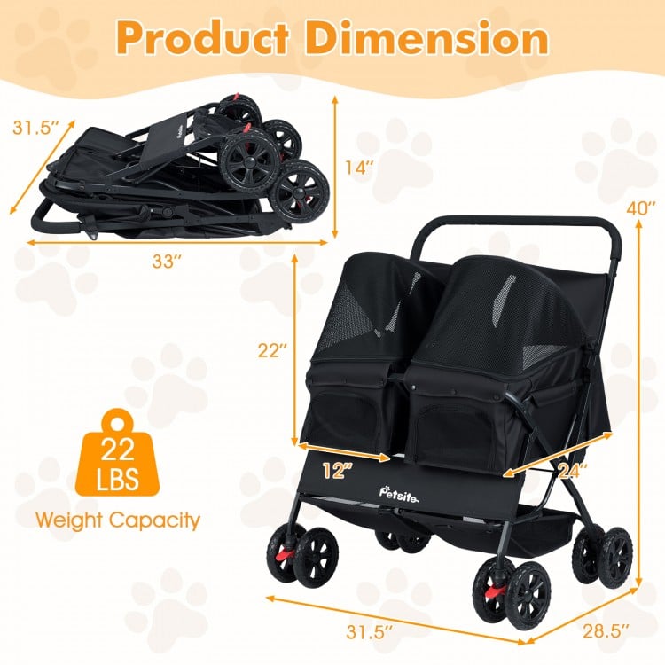 Foldable double pet stroller in black with adjustable sunshade, storage baskets, and safety features for multiple pets.