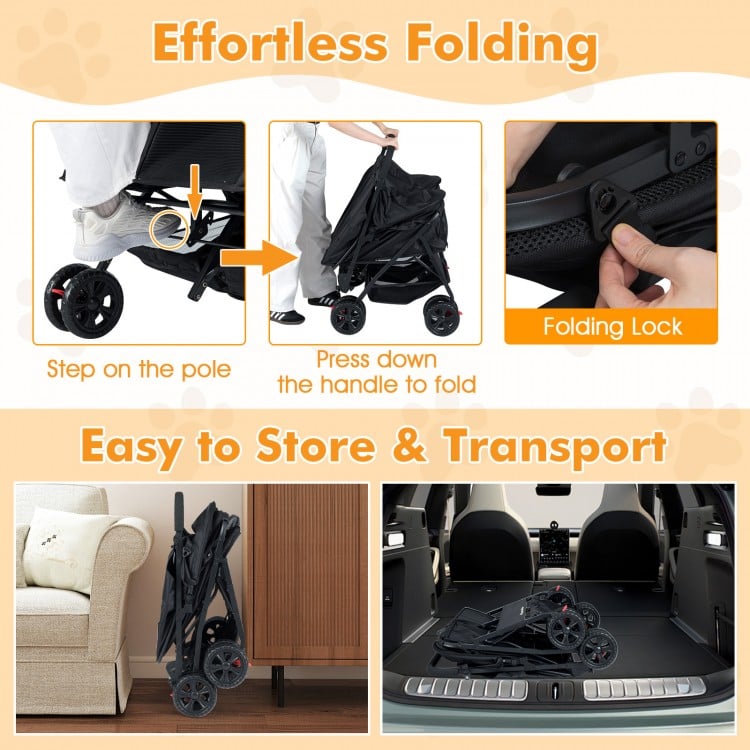 Foldable double pet stroller in black with adjustable sunshade, easy to store and transport for pet owners.