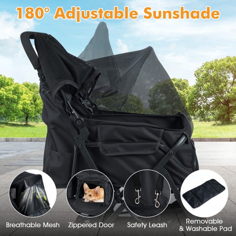 Foldable double pet stroller in black with 180° adjustable sunshade, breathable mesh, and zippered door for easy access.