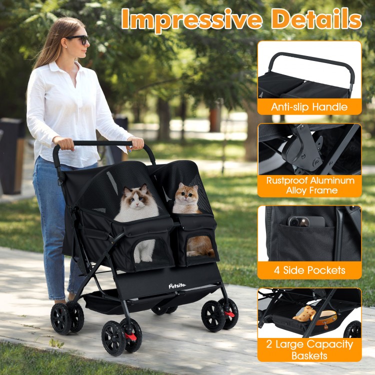 Foldable double pet stroller in black with adjustable sunshade, safety leash, and large capacity baskets for multiple.