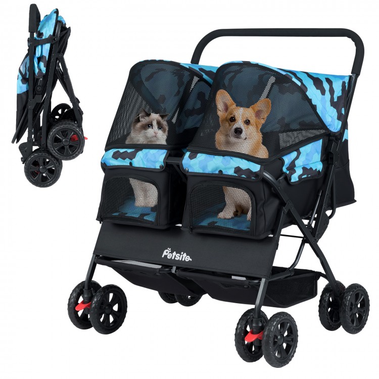 Foldable double pet stroller in navy with adjustable sunshade, breathable mesh, and storage baskets for multiple pets.
