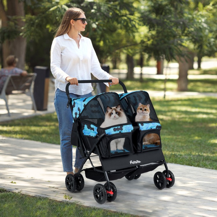 Foldable double pet stroller in navy with adjustable sunshade, featuring two cats and storage baskets for pet treats.