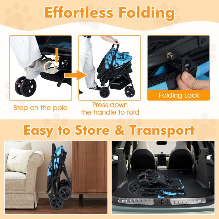 Foldable double pet stroller in navy with adjustable sunshade, easy to store and transport, featuring safety leash and.