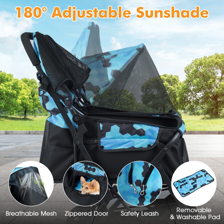 Foldable double pet stroller in navy with 180° adjustable sunshade, breathable mesh, and zippered door for easy access.