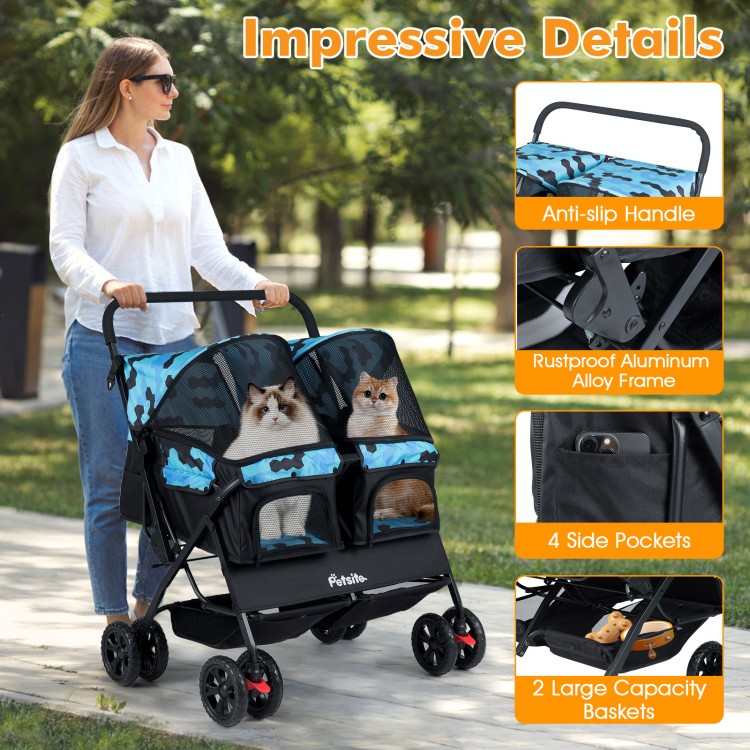 Foldable double pet stroller in navy with adjustable sunshade, safety leash, and large capacity baskets for multiple.