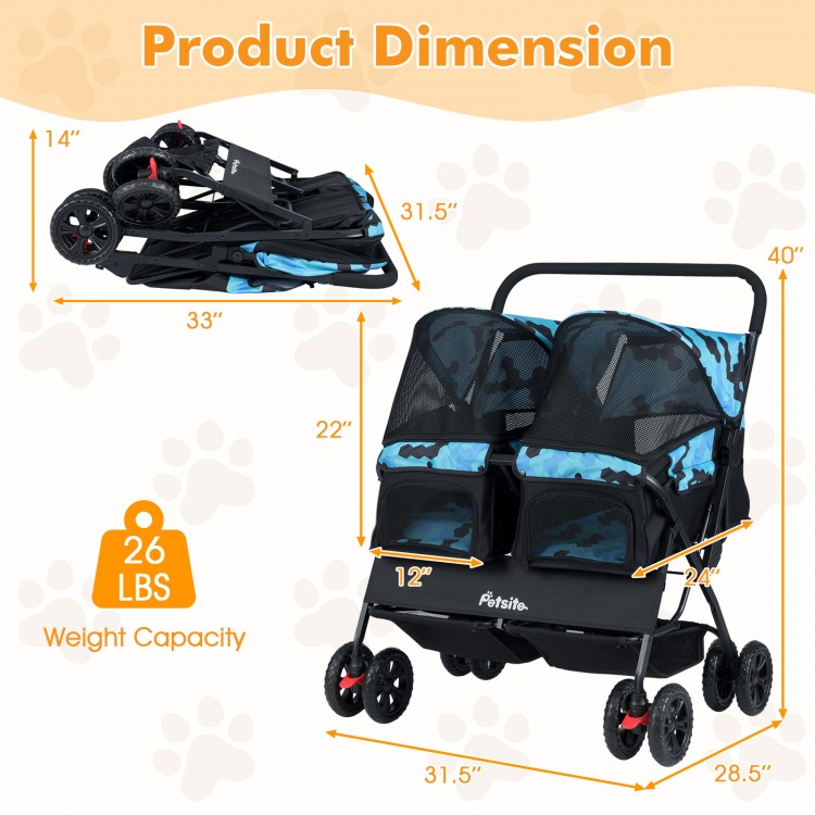 Foldable double pet stroller in navy with adjustable sunshade, storage baskets, and safety features for multiple pets.