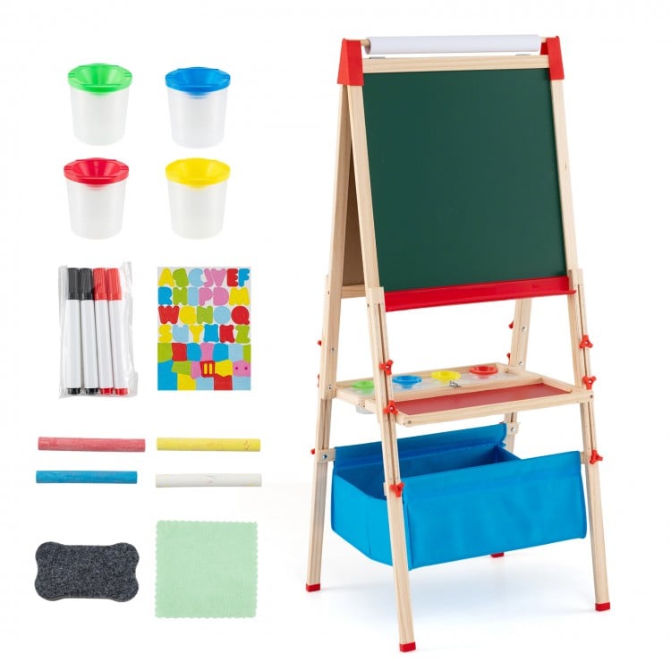 Foldable double-sided easel with magnetic chalkboard, storage tray, and paint cups for kids' creative play.