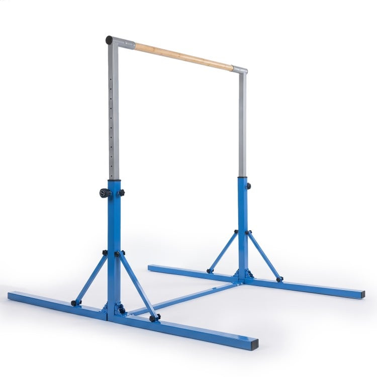 Foldable blue gymnastics bar with adjustable heights from 35.5" to 59", designed for kids' training and exercise.