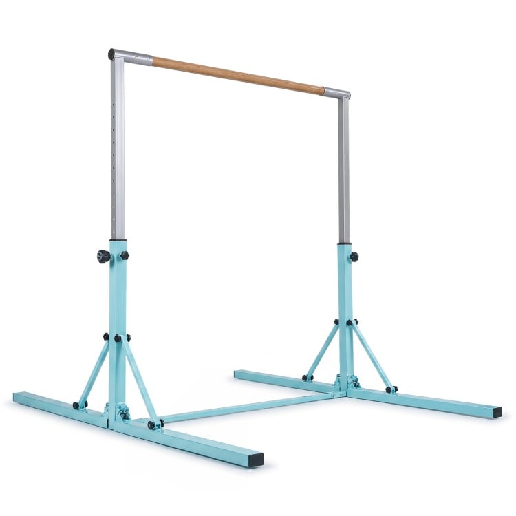 Foldable gymnastics bar for kids with adjustable heights, heavy-duty frame, and smooth bamboo bar for safe practice.