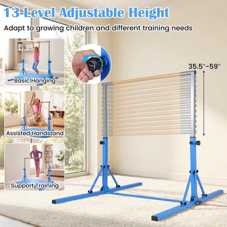 Foldable gymnastics bar in blue with 13-level adjustable height, suitable for kids' indoor training and exercise.