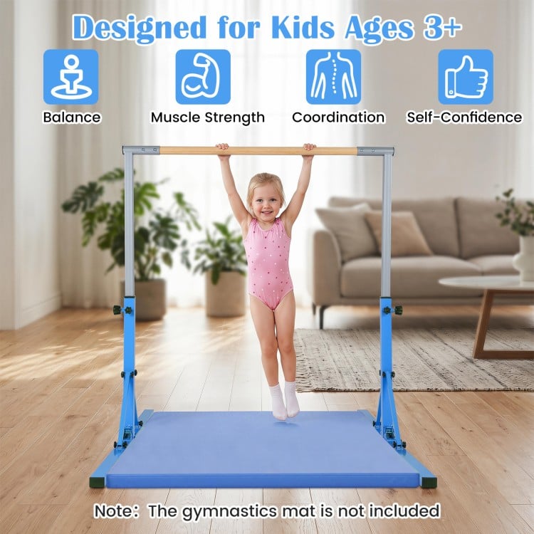 Foldable gymnastics bar for kids aged 3+, adjustable height from 35.5" to 59", ideal for balance and coordination training.