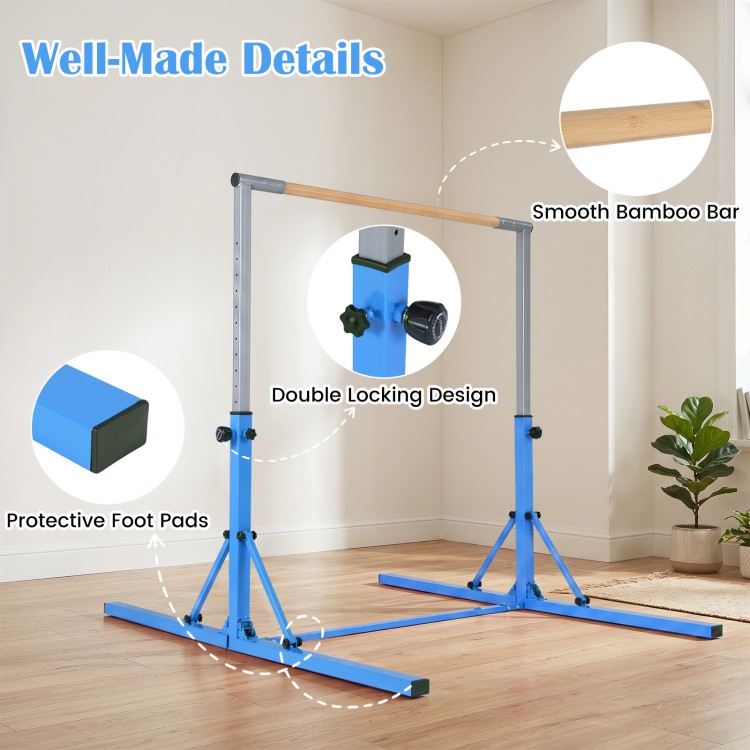 Foldable blue gymnastics bar with smooth bamboo grip, adjustable height, and protective foot pads for stable indoor training.