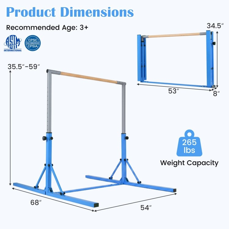 Foldable blue gymnastics bar with adjustable height from 35.5" to 59", designed for kids' training and exercise.
