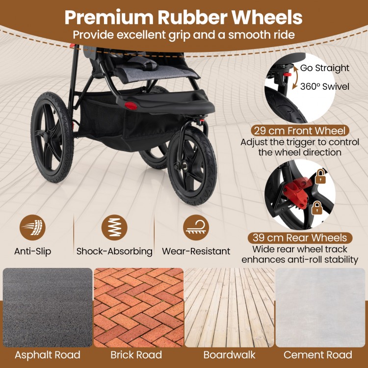Close-up of the foldable jogging stroller's premium rubber wheels, showcasing 29 cm front wheel and 39 cm rear wheels.