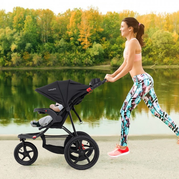 Jogging stroller in black with air-filled rubber tires, adjustable canopy, and detachable tray, ideal for active.