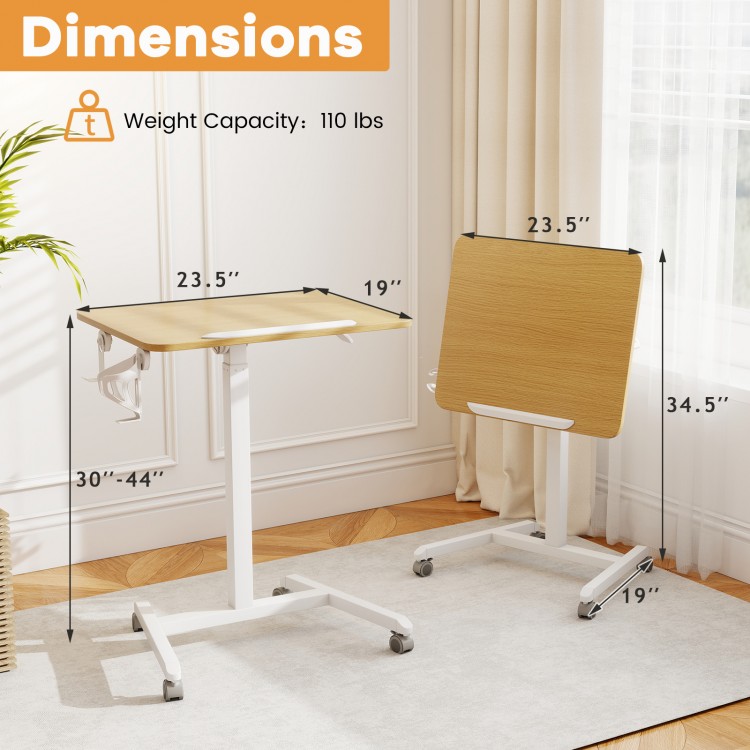 Foldable mobile standing desk with 90° tiltable tabletop, adjustable height, and rolling wheels for easy movement.