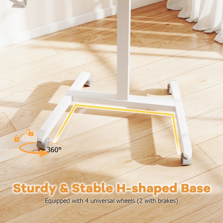 Sturdy H-shaped base of the foldable mobile standing desk with 360° wheels and brakes for easy movement and stability.