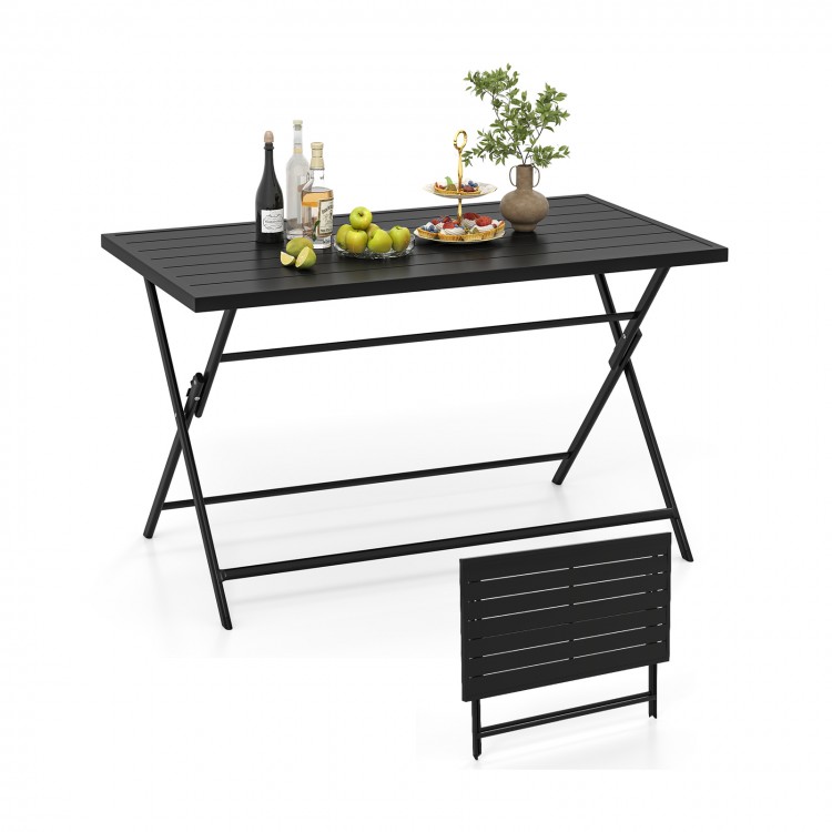 Foldable black metal outdoor dining table with slatted tabletop, perfect for patios and gatherings, shown in upright.