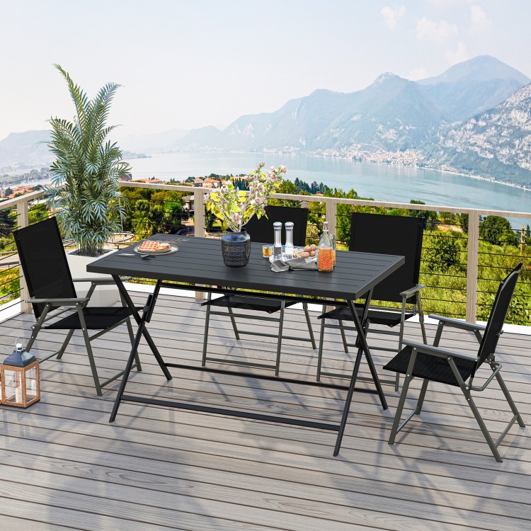 Foldable 48-inch black metal outdoor dining table with slatted tabletop, perfect for patio gatherings and easy storage.