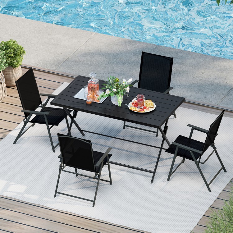 Foldable 48-inch black metal outdoor dining table with slatted tabletop, ideal for patio gatherings and easy storage.