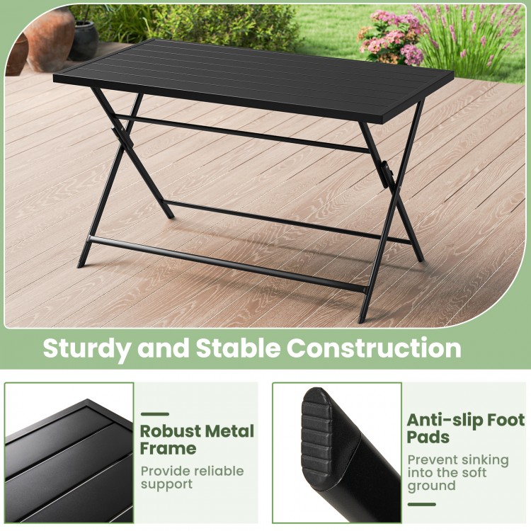 Foldable outdoor dining table with slatted metal tabletop, sturdy black metal frame, ideal for patio and garden use.