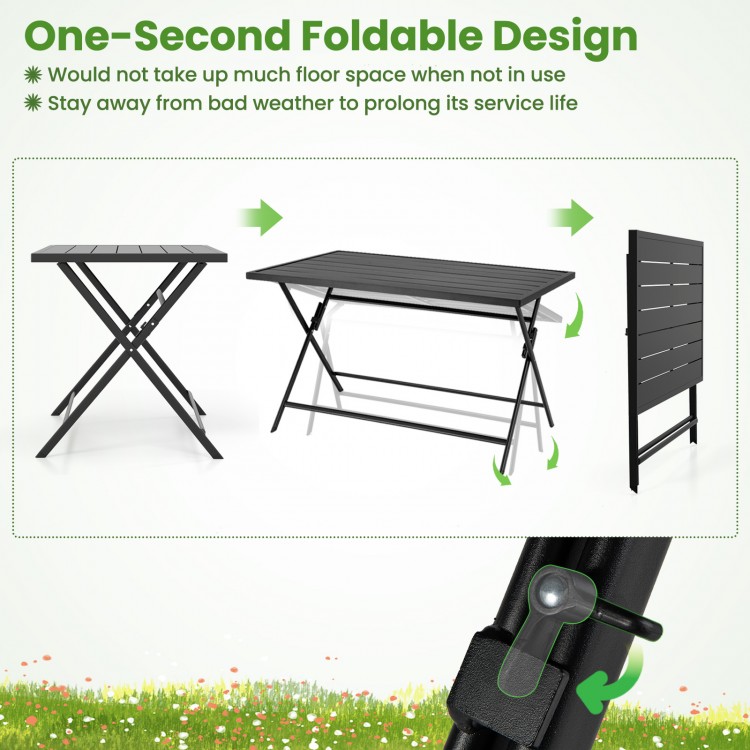 Foldable outdoor dining table with slatted metal tabletop, 48"x30", designed for easy storage and stability in any.