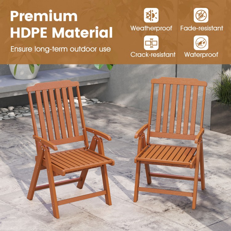 Foldable patio chair in brown made of weatherproof HDPE, featuring armrests and slatted design for outdoor use.