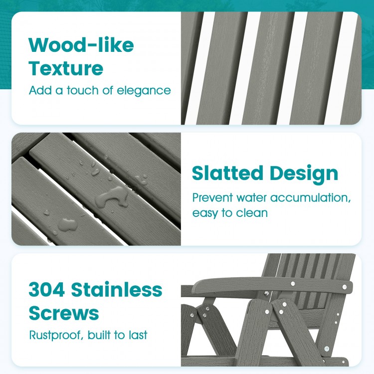 Gray foldable patio chair with slatted design and wood-like texture, crafted from weatherproof HDPE for outdoor use.
