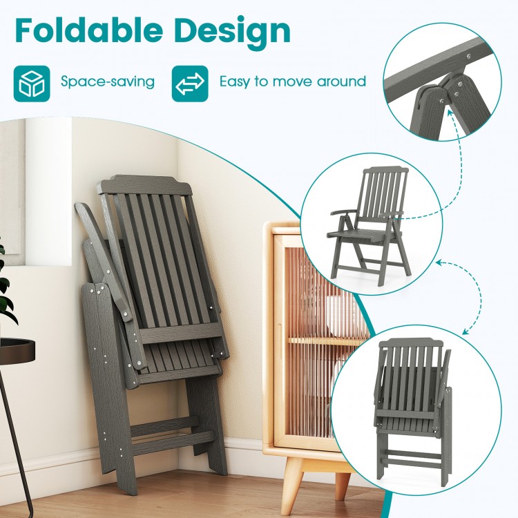 Foldable gray patio chair made of weatherproof HDPE, featuring armrests and a slatted design for indoor and outdoor use.