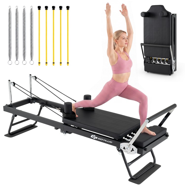 Foldable Pilates reformer machine in black supports 50+ exercises, featuring adjustable footbar and durable metal frame.