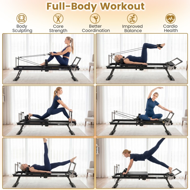 Foldable Pilates reformer machine in black, supporting 50+ exercises for full-body training and featuring adjustable footbar.