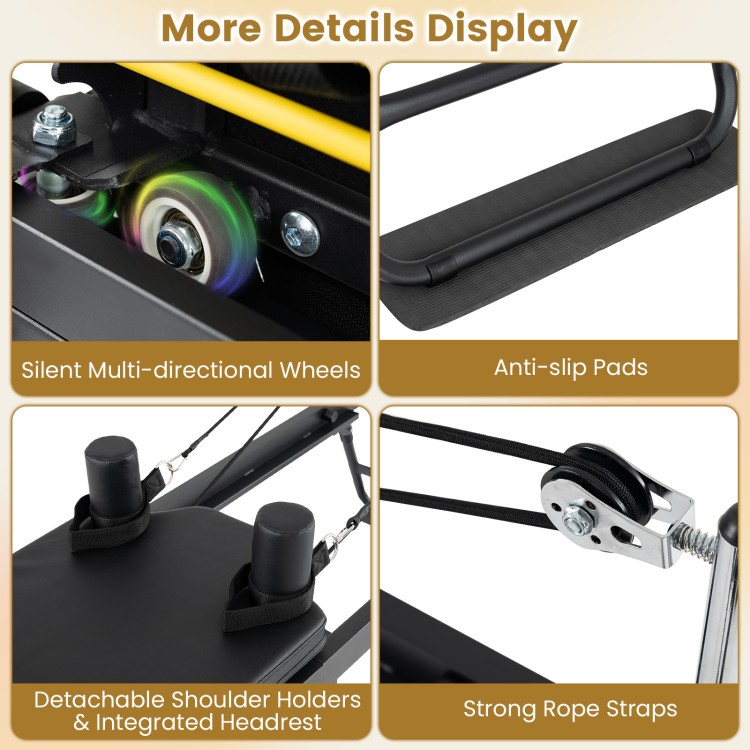 Close-up of the foldable Pilates reformer machine showing silent multi-directional wheels and strong rope straps for stability.