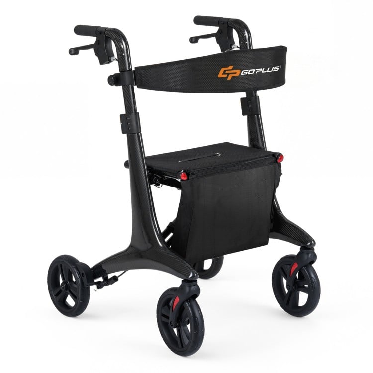 Foldable rollator walker in black with a carbon fiber frame, adjustable height, and spacious seat for seniors' comfort.