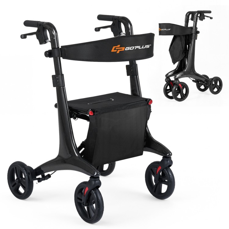 Foldable rollator walker in black with carbon fiber frame, adjustable height, and spacious seat for seniors' comfort.