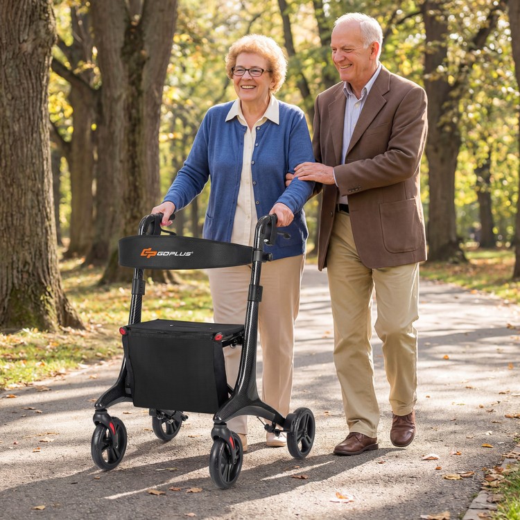 Foldable rollator walker with seat for seniors, featuring a carbon fiber structure and adjustable handrails, ideal for.