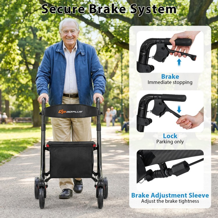 Foldable rollator walker with seat, featuring a secure brake system and adjustable handrails for seniors in a park.
