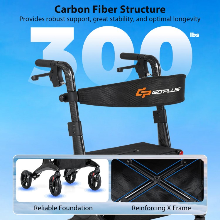 Foldable rollator walker with carbon fiber structure, adjustable height, and spacious seat for seniors, ideal for easy.