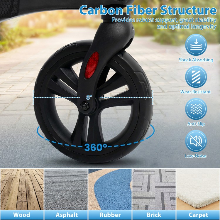 Close-up of the 8-inch low-noise wheels of the black foldable rollator walker, designed for smooth movement on various.