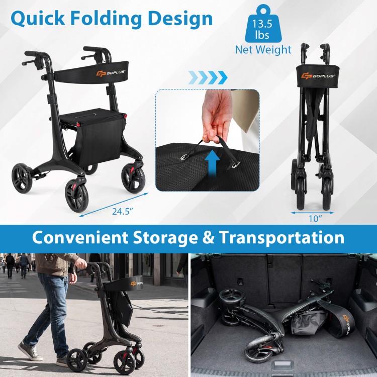 Foldable rollator walker in black with a quick folding design for easy storage and transportation, featuring a spacious.