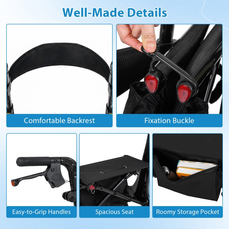 Detailed view of the Foldable Rollator Walker's comfortable backrest, fixation buckle, and spacious seat for seniors.