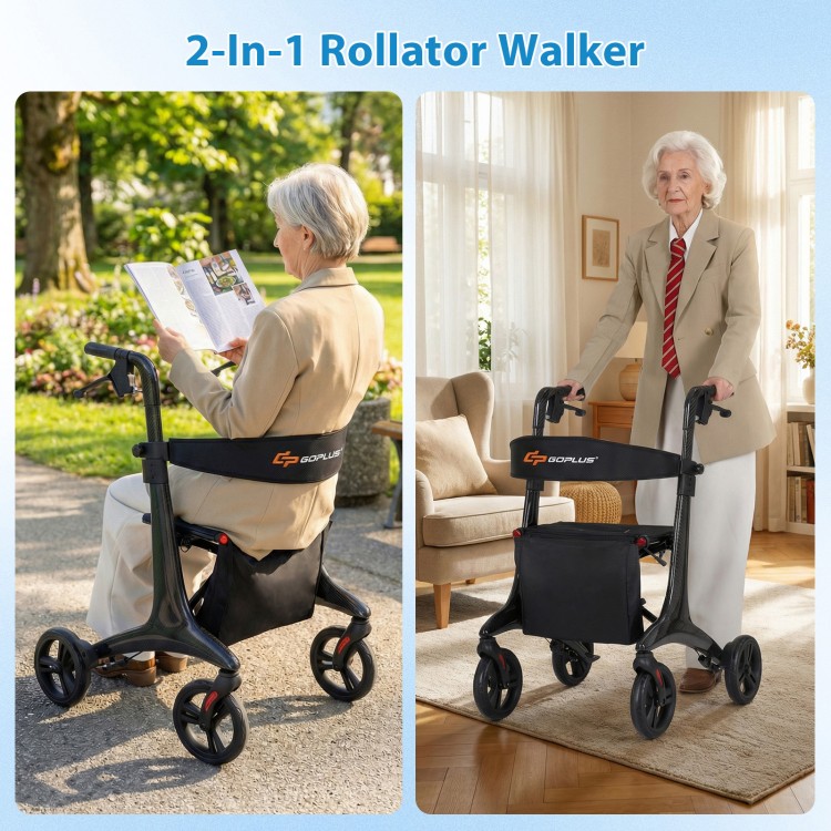 Foldable rollator walker with seat for seniors, featuring adjustable handrails and smooth universal wheels for easy.