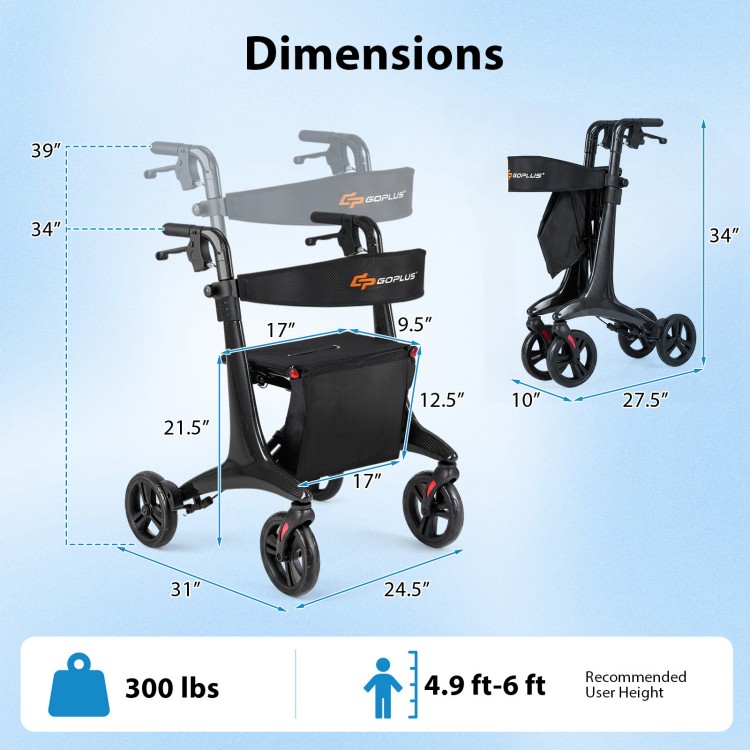 Foldable rollator walker with seat, featuring carbon fiber structure, adjustable handrail, and spacious storage pocket.